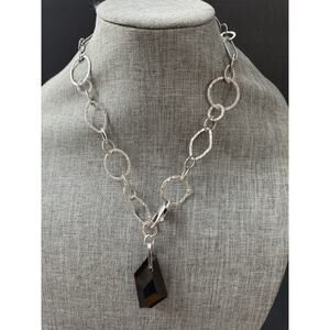 Sterling Silver .925 Glass Abstract Black Pendant Necklace Artisan Art To Wear